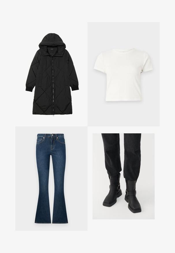 Black quilted puffer coat with a hood, featuring a zip closure, side pockets, and elastic cuffs. Smooth, water-resistant fabric.; Short white t-shirt made of cotton with short sleeves, a round neckline, and a straight hem, featuring a smooth texture and minimal design.; Dark blue denim flared jeans with a classic five-pocket design, standard button closure, and minimal stitching accents on the pockets.; Black leather ankle boots with a square toe, featuring a wide strap and metal buckle detail. The boots have a chunky sole and smooth texture.