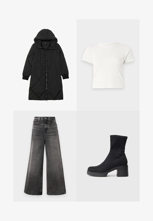 Must-havesinise mustris quiltitudis puffer jakk, millel on kapuuts, tõmblukk, küljetaskud ja elastsed varrukad. Sile, veekindel kangas.; Lühike valge T-särk, mis on valmistatud puuvillast, lühikeste varrukatega, ümmarguse kaelusega ja sirge lõikega, omades sileda tekstuuri ja minimaalset disaini.; Laiad mustad denim teksad, millel on pleekinud pesu, viie-tasku disain ja nööp sulgemine vööl, lisaks õmblusaktsendid.; Mustad mustad, millel on veniv ülemine osa, ümar varvas ja massiivne ruudukujuline konts. Sile tekstuur koos nähtavate õmblusdetailidega.