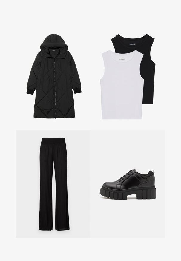 Casaco puffer acolchoado preto com capuz, apresentando um fecho de correr, bolsos laterais e punhos elásticos. Tecido suave e à prova d'água.; Duas blusas sem mangas em preto e branco, feitas de algodão canelado, com decotes redondos e um design ajustado. Etiquetas visíveis em ambas.; Calças largas pretas com uma cintura franzida, feitas de um tecido leve com uma textura subtil e um corte reto e fluido.; Sapatos de plataforma em couro preto com um salto bloco robusto, bico redondo e design clássico de atacadores. Apresentam uma textura suave e detalhes mínimos.