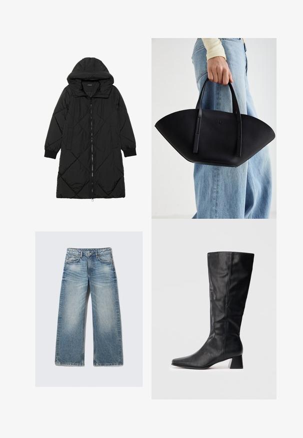 Melnas quiltētas pūkara mētelis ar kapuci, ar rāvējslēdzēja aizdari, sānu kabatām un elastīgām aprocēm. Gluda, ūdensizturīga auduma.; Melna off-shoulder top ar plānām siksnām un caurspīdīgām garām piedurknēm, kas izgatavotas no caurspīdīga sieta auduma.; Gai zila plata kāju džinsi no denima, ar augstu jostasvietu, piecām kabatām un izbalinātu apdari ar smalku whiskering efektu.; Melnas mid-calf ādas zābakus ar norādītu degunu un blokveida papēdi uz vienkārša gaiša fona.; Melnas ādas rokassoma ar unikālu ventilatora formu, aprīkota ar plakaniem rokturiem. Virsma ir ar graudainu faktūru un minimālistisku dizainu.