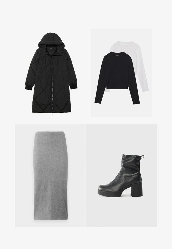 Juodas siūtais pūkų paltas su gobtuvu, turintis užtrauktuką, šonines kišenes ir elastines rankoves. Lygus, vandeniui atsparus audinys.; Du dušo ilgomis rankovėmis marškiniai: vieni juodi, kiti balti. Abu marškiniai turi apvalų iškirpimą, raglan tipo rankoves ir minkštą medvilnės mišinio audinį.; Pilkos, iki kelių siekiančios, minkštos ir elastingos medžiagos sijonas. Pasižymi paprastu, kūną aptraukiančiu dizainu, su elastinga juosme ir lygia tekstūra.; Juodos kulkšninių botai, pagaminti iš lygaus odos, su šoniniu užtrauktuku, masyviu tekstūruotu kulnu ir apvaliu pirštu.