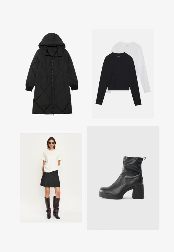 Schwarze, gesteppten Puffermantel mit Kapuze, ausgestattet mit einem Reißverschluss, seitlichen Taschen und elastischen Bündchen. Glattes, wasserabweisendes Material.; Zwei langärmelige Hemden: eines schwarz und eines weiß. Beide haben einen Rundhals, Raglanärmel und bestehen aus einem weichen Baumwollmischgewebe.; Weißes Kurzarmoberteil kombiniert mit einem schwarzen, ausgestellt geschnittenen Minirock und glänzenden, dunkelbraunen kniehohen Stiefeln. Das Ensemble zeichnet sich durch klare Linien und Texturen aus.; Schwarze Stiefeletten aus glattem Leder mit seitlichem Reißverschluss, klobigem strukturiertem Absatz und runder Zehenform.