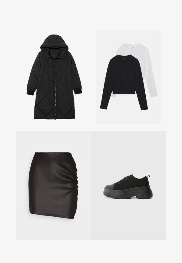 Crna tkanina sa štepom puffer kaput s kapuljačom, sa zatvaračem na zip, bočnim džepovima i elastičnim manžetama. Glatka, vodootporna tkanina.; Dvije majice dugih rukava: jedna crna i jedna bijela. Obje imaju okrugli izrez, raglan rukave i mekani pamuk korišten za izradu.; Crna mini suknja izrađena od glatkog sintetičkog materijala, s naboranim detaljima s jedne strane i uskim krojem.; Crne tenisice s debelim gumenenim potplatom, teksturiranim gornjim dijelom od tkanine, okruglim vrhom i dizajnom s vezicama. Imaju pojačane rupice za vezice i dodatak za povlačenje straga.