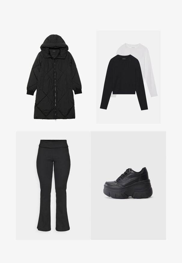 Melnas quiltētas pūkara mētelis ar kapuci, ar rāvējslēdzēja aizdari, sānu kabatām un elastīgām aprocēm. Gluda, ūdensizturīga auduma.; Divas garām piedurknēm krekli: viens melns un viens balts. Abiem ir apaļa izgriezne, raglanu piedurknes un mīksta kokvilnas maisījuma audums.; ONLY Play ONPFOLD LIFE JAZZ - Legingi - black; Melni šņorējami sporta apavi ar biezu zoli, ar gludu ādas augšdaļu, noapaļotu purngalu un izteiktu slāņveida platformas dizainu.