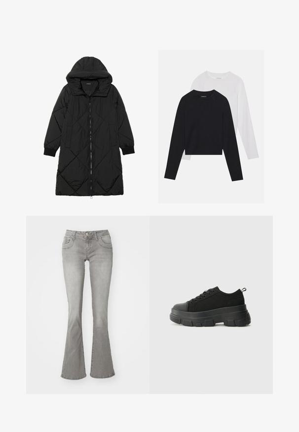Fekete steppelt pufi kabát kapucnival, cipzáras záródással, oldalsó zsebekkel és elasztikus mandzsettákkal. Simább, vízlepergető anyag.; Két hosszúujjú póló: az egyik fekete, a másik fehér. Mindkettő kerek nyakú, raglán ujjal és puha pamutkeverék anyaggal készült.; Szürke, bővülő farmernadrág közepes derékkal, elülső zsebekkel és gombos zárással, sima textúrájú denim anyagból készült.; Fekete sportcipők vastag gumitalppal, texturált szövet felsőrésszel, kerek orral és fűzős kialakítással. Megerősített fűzőlyukakkal és hátsó húzófüllel rendelkezik.