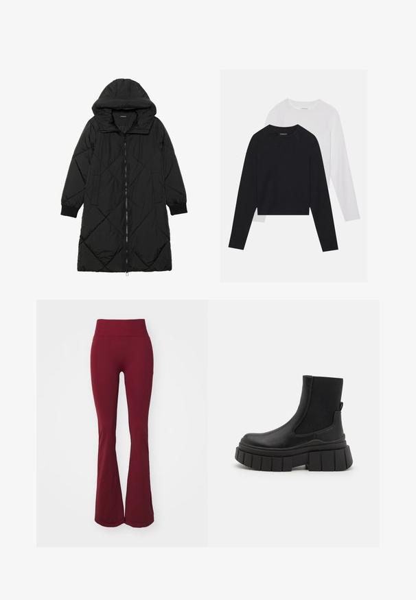 Black quilted puffer coat with a hood, featuring a zip closure, side pockets, and elastic cuffs. Smooth, water-resistant fabric.; Two long-sleeved shirts: one black and one white. Both feature a crew neck, raglan sleeves, and a soft cotton blend fabric.; ICANIWILL DEFINE SEAMLESS FLARED - Leggings - burgundy; Black ankle boots made of smooth leather with elastic side panels, a chunky platform sole, and a textured tread design.