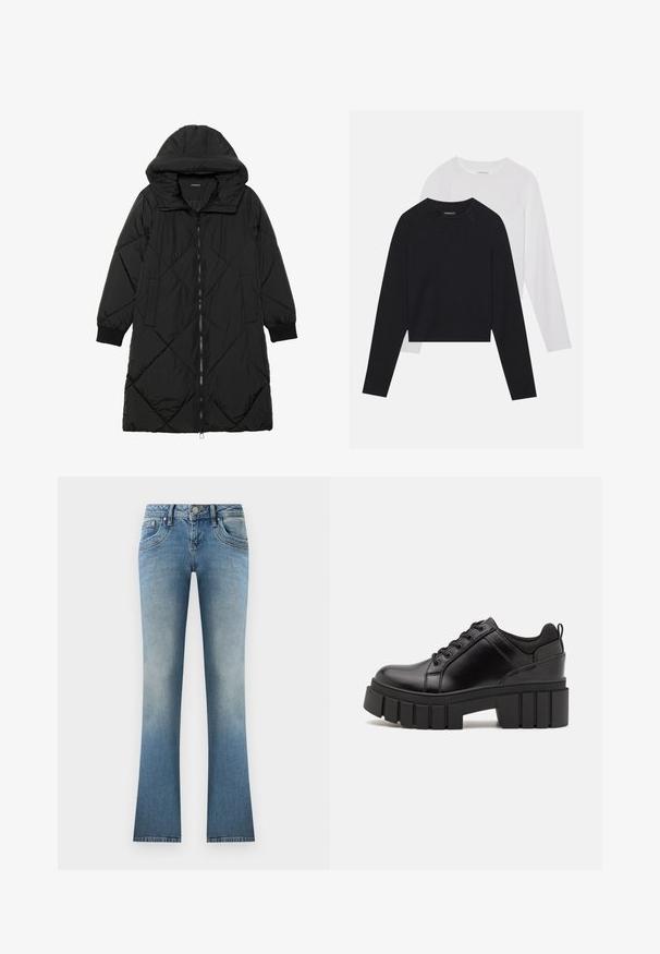 Abrigo acolchado negro con capucha, que cuenta con cierre de cremallera, bolsillos laterales y puños elásticos. Fabricado con un tejido liso y resistente al agua.; Dos camisetas de manga larga: una negra y una blanca. Ambas cuentan con un cuello redondo, mangas raglán y una suave mezcla de algodón.; Jeans de mezclilla de tiro acampanado en azul claro. Presentan un acabado desgastado, cinco bolsillos y un cierre de botón con pasadores para cinturón en la cintura.; Zapatos de plataforma de cuero negro con un tacón cuadrado grueso, punta redonda y diseño tradicional de cordones. Presenta una textura suave y un detalle minimalista.
