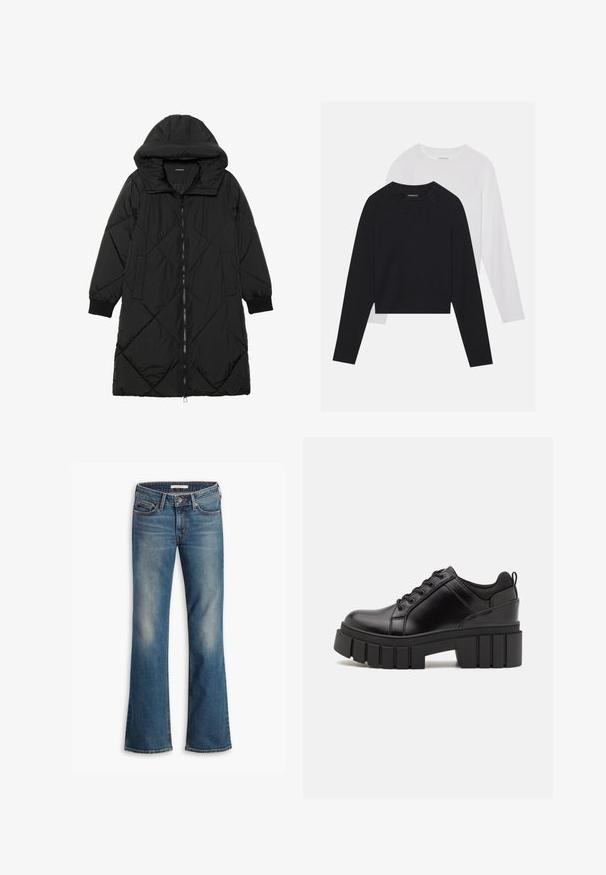 Sort quiltet pufferjakke med hætte, med lynlåslukning, sidelommer og elastiske manchetter. Glat, vandafvisende stof.; To lange langærmede skjorter: en sort og en hvid. Begge har en rund halsudskæring, raglanærmer og et blødt bomuldsblandingsstof.; Blå denim bootcut jeans med fem lommer og knaplukning, med slidte områder på lår og knæ.; Sorte læder platform sko med en klodset blokhæl, rund tå og traditionelt snøredesign. Har en glat tekstur og minimal detaljering.