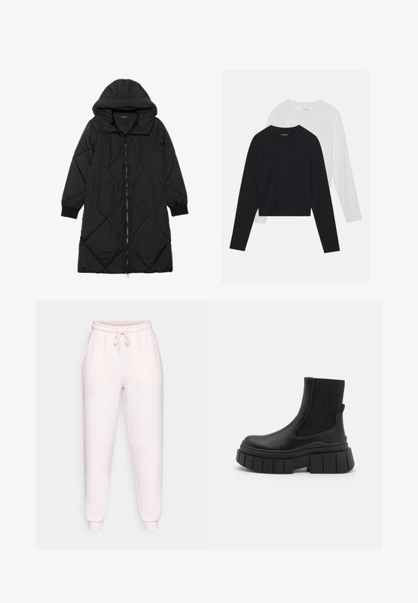 Must-havesinise mustris quiltitudis puffer jakk, millel on kapuuts, tõmblukk, küljetaskud ja elastsed varrukad. Sile, veekindel kangas.; Kaks pikade varrukatega särki: üks must ja teine valge. Mõlemal on ümar kaelus, raglanvarrukad ja pehme puuvillasegu kangas.; Heledad roosa dressipüksid pehmest kangast, millel on elastne vöökoht ja nöör, küljetaskud ning mansetid pahkluude juures.; Mustad mustad mustad nahast põlvetossud, millel on elastsed külgplaadid, jäme platvormitald ja tekstuuriga talladisain.