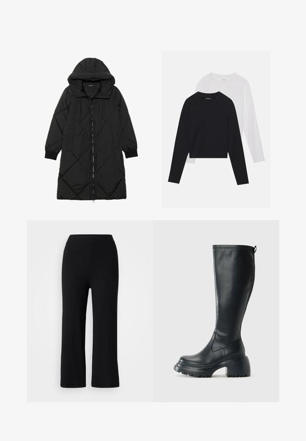 Czarna pikowana kurtka puchowa z kapturem, z zapięciem na zamek, bocznymi kieszeniami i elastycznymi mankietami. Gładki, wodoodporny materiał.; Dwie koszule z długim rękawem: jedna czarna, a druga biała. Obie mają okrągły dekolt, rękawy raglanowe i miękką bawełnianą tkaninę.; Czarne, prążkowane spodnie z szerokimi nogawkami i elastycznym pasem, wykonane z teksturowanej tkaniny i o prostym kroju, idealne na codzienne noszenie.; Wysokie czarne skórzane botki z masywną platformą i słupkowym obcasem, z uchwytem i teksturowanym bieżnikiem na podeszwie.
