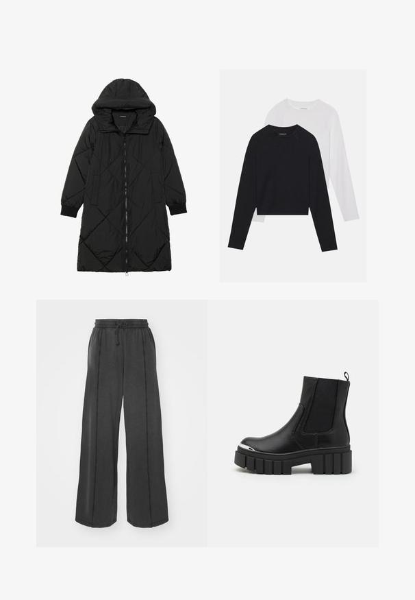 Svart quiltet puffjakke med hette, med glidelås, sidelommer og elastiske mansjetter. Glatt, vannavvisende stoff.; To lange ermerte skjorter: en svart og en hvit. Begge har rund hals, raglanermer og er laget av en myk bomullsblanding.; Bredde ben svarte bukser laget av myk stoff med elastisk midje og snor. Har kontrasterende sømmer langs sidesømmene.; Svarte ankelstøvler laget av glatt lær med elastiske paneler, en tykk plattformsåle og en metalltåhette.