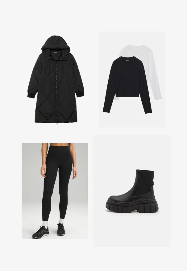 Schwarze, gesteppten Puffermantel mit Kapuze, ausgestattet mit einem Reißverschluss, seitlichen Taschen und elastischen Bündchen. Glattes, wasserabweisendes Material.; Zwei langärmelige Hemden: eines schwarz und eines weiß. Beide haben einen Rundhals, Raglanärmel und bestehen aus einem weichen Baumwollmischgewebe.; Schwarze hochgeschnittene Leggings aus elastischem Material, mit einem eleganten Design, glatter Textur und dezenten seitlichen Details. Kombiniert mit schwarzen Sportschuhen.; Schwarze Knöchelstiefel aus glattem Leder mit elastischen Seitenpaneelen, einer klobigen Plateausohle und einem strukturierten Profilmuster.