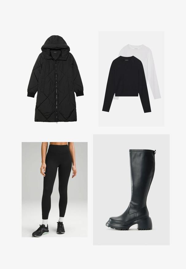 Manteau matelassé noir avec capuche, doté d'une fermeture éclair, de poches latérales et de poignets élastiques. Tissu lisse et résistant à l'eau.; Deux chemises à manches longues : une noire et une blanche. Les deux présentent un col rond, des manches raglan et un tissu doux en mélange de coton.; Leggings noire taille haute en matériau extensible, avec un design élégant, une texture douce et des détails subtils sur le côté. Associés à des chaussures de sport noires.; Botte en cuir noir haute avec semelle plateforme épaisse et talon carré, dotée d'une languette et d'un motif texturé sur la semelle extérieure.