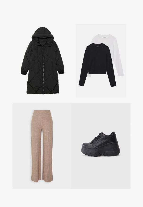 Melnas quiltētas pūkara mētelis ar kapuci, ar rāvējslēdzēja aizdari, sānu kabatām un elastīgām aprocēm. Gluda, ūdensizturīga auduma.; Divas garām piedurknēm krekli: viens melns un viens balts. Abiem ir apaļa izgriezne, raglanu piedurknes un mīksta kokvilnas maisījuma audums.; Beigās ribotās platās bikses ar augstu jostu un mīkstu tekstūru, kurām ir vaļīga piegriezuma un nav redzamu aizdare.; Melni šņorējami sporta apavi ar biezu zoli, ar gludu ādas augšdaļu, noapaļotu purngalu un izteiktu slāņveida platformas dizainu.