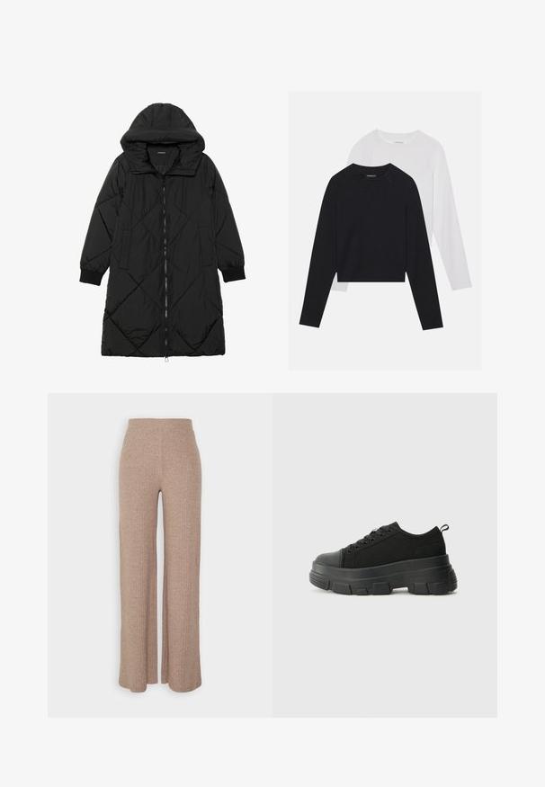 Μαύρο πλεκτό μπουφάν με κουκούλα, που διαθέτει κλείσιμο με φερμουάρ, πλαϊνές τσέπες και ελαστικούς καρπούς. Λείο, αδιάβροχο ύφασμα.; Δύο μακρυμάνικες μπλούζες: μία μαύρη και μία λευκή. Και οι δύο διαθέτουν στρογγυλή λαιμόκοψη, ράγκελαν μανίκια και απαλή σύνθεση από βαμβάκι.; Μπεζ ριγέ παντελόνια σε φαρδύ κόψιμο με ψηλή μέση και μαλακή υφή, διαθέτοντας άνετη εφαρμογή και χωρίς ορατούς κλειδώματα.; Μαύρα αθλητικά παπούτσια με χοντρή καουτσουκένια σόλα, υφασμάτινη υφή στην κορυφή, στρογγυλή μύτη και σχέδιο με κορδόνια. Διαθέτουν ενισχυμένα δαχτυλίδια και λαβή στο πίσω μέρος.