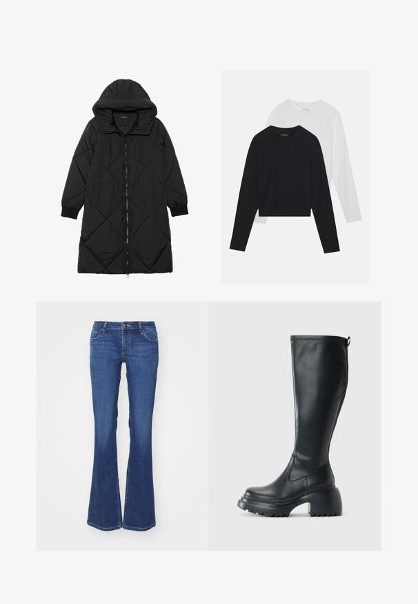 Svart quiltet puffjakke med hette, med glidelås, sidelommer og elastiske mansjetter. Glatt, vannavvisende stoff.; To lange ermerte skjorter: en svart og en hvit. Begge har rund hals, raglanermer og er laget av en myk bomullsblanding.; Ulleskjørt i blå denim med vide ben og standard livhøyde, med kontrastsøm og fem lommer. Glatt tekstur, klassisk passform.; Høy svart lærstøvel med chunky plattformsåle og blokkhelt, med trekkstang og teksturert mønster på yttersålen.
