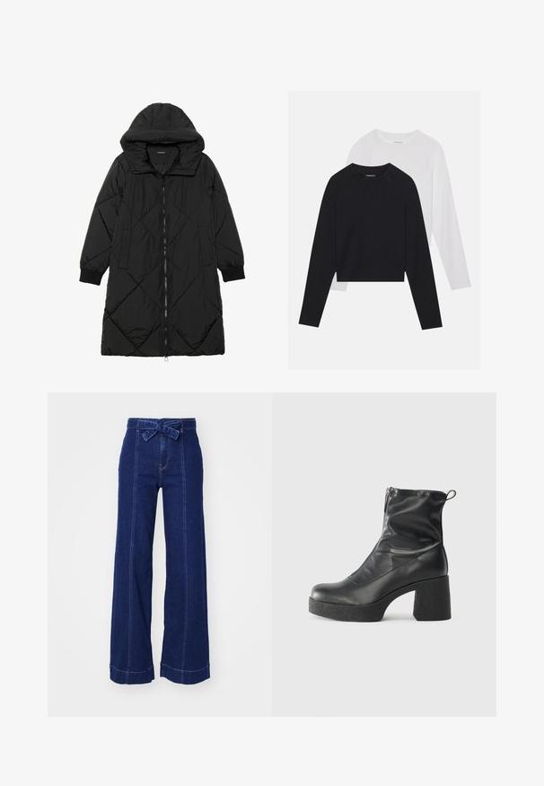 Crna tkanina sa štepom puffer kaput s kapuljačom, sa zatvaračem na zip, bočnim džepovima i elastičnim manžetama. Glatka, vodootporna tkanina.; Dvije majice dugih rukava: jedna crna i jedna bijela. Obje imaju okrugli izrez, raglan rukave i mekani pamuk korišten za izradu.; Široke tamne traperice s visokim strukom, koje imaju pojas s prednjim vezanjem i kontrastne šavove uz bočne šavove i rubove.; Crne gležnjače od glatke kože, s bočnim zatvaračem, debelim teksturiranim potplatom i dizajnom s zaobljenim prstima.