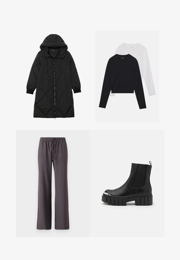 Juodas siūtais pūkų paltas su gobtuvu, turintis užtrauktuką, šonines kišenes ir elastines rankoves. Lygus, vandeniui atsparus audinys.; Du dušo ilgomis rankovėmis marškiniai: vieni juodi, kiti balti. Abu marškiniai turi apvalų iškirpimą, raglan tipo rankoves ir minkštą medvilnės mišinio audinį.; Tamsiai pilkos tiesaus silueto kelnės su elastinga juosta ir priekiniais raišteliais, pateiktos baltame fone.; Juodos kulkšninės batai iš lygaus odos su elastingomis juostelėmis, storu platformos padu ir metaliniu pirštų dangteliu.