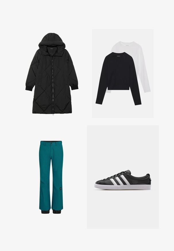 Juodas siūtais pūkų paltas su gobtuvu, turintis užtrauktuką, šonines kišenes ir elastines rankoves. Lygus, vandeniui atsparus audinys.; Du dušo ilgomis rankovėmis marškiniai: vieni juodi, kiti balti. Abu marškiniai turi apvalų iškirpimą, raglan tipo rankoves ir minkštą medvilnės mišinio audinį.; Mėlynos sniego kelnės su laisvu apipavidalinimu, su juodu liemeniu ir apatiniais kraštais. Medžiaga yra tvirta su subtilia tekstūra ir šoniniu logotipo ženklu.; Juodos odinės sportinės bateliai su baltu trimis juostelėmis, apvaliu pirštu, plokščiu baltu guminio pado ir prekės ženklo detale šone.