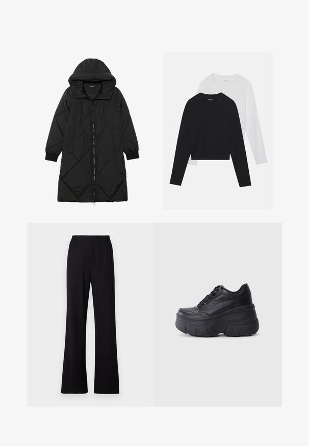 Geacă puffer neagră, matlasată, cu glugă, având închidere cu fermoar, buzunare laterale și manșete elastice. Material neted, rezistent la apă.; Două cămăși cu mâneci lungi: una neagră și una albă. Ambele au guler rotund, mâneci raglan și sunt realizate dintr-un amestec moale de bumbac.; Pantaloni negri cu picioare largi, realizați dintr-un material moale și elastic. Dispune de o talie elastică și o textură netedă, fără imprimeuri vizibile.; Adidași negri cu șireturi, cu un toc gros, având partea superioară din piele netedă, vârf rotund și un design distinct de platformă stratificată.
