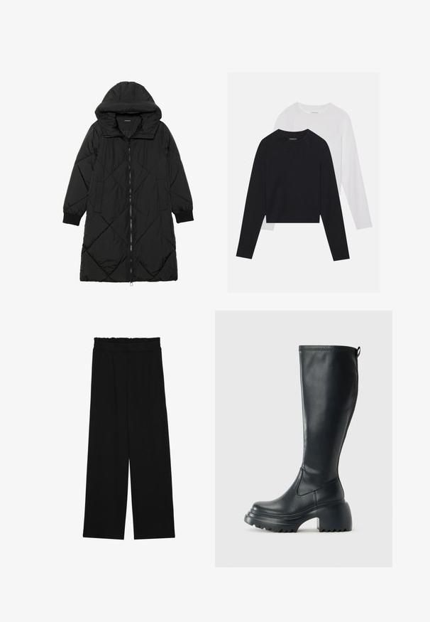 Crna tkanina sa štepom puffer kaput s kapuljačom, sa zatvaračem na zip, bočnim džepovima i elastičnim manžetama. Glatka, vodootporna tkanina.; Dvije majice dugih rukava: jedna crna i jedna bijela. Obje imaju okrugli izrez, raglan rukave i mekani pamuk korišten za izradu.; Crne široke hlače s naboranim pojasom, koje imaju dva bočna džepa i glatku, laganu tkaninu. Nema vidljivih uzoraka ili metalnih dijelova.; Visoke crne kožne čizme s debelim platformskim đonom i blok petom, s patentom za povlačenje i teksturiranim uzorkom na potplatu.