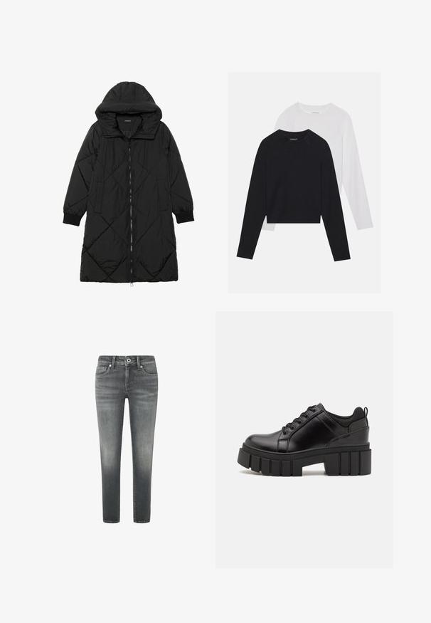 Casaco puffer acolchoado preto com capuz, apresentando um fecho de correr, bolsos laterais e punhos elásticos. Tecido suave e à prova d'água.; Duas camisas de manga longa: uma preta e uma branca. Ambas apresentam um decote redondo, mangas raglan e um tecido macio em mistura de algodão.; Jeans cinza de corte justo com um acabamento desgastado, design de cinco bolsos e fecho com botão de metal. Textura suave e forma de perna afunilada.; Sapatos de plataforma em couro preto com um salto bloco robusto, bico redondo e design clássico de atacadores. Apresentam uma textura suave e detalhes mínimos.