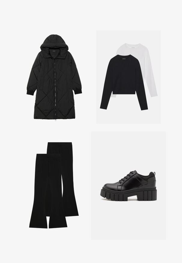 Geacă puffer neagră, matlasată, cu glugă, având închidere cu fermoar, buzunare laterale și manșete elastice. Material neted, rezistent la apă.; Două cămăși cu mâneci lungi: una neagră și una albă. Ambele au guler rotund, mâneci raglan și sunt realizate dintr-un amestec moale de bumbac.; Pantaloni negri evazați din țesătură elastică, cu un talie înaltă și o textură fină, având un design ajustat care se lărgește de la genunchi.; Pantofi cu talpă plată din piele neagră, cu toc gros, vârf rotund și design tradițional cu șireturi. Prezintă o textură netedă și detalii minime.