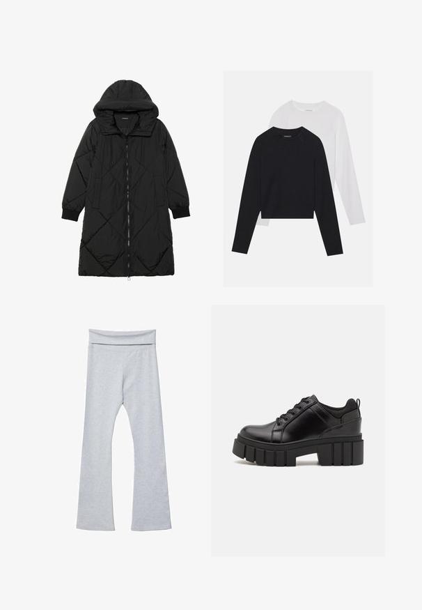 Schwarze, gesteppten Puffermantel mit Kapuze, ausgestattet mit einem Reißverschluss, seitlichen Taschen und elastischen Bündchen. Glattes, wasserabweisendes Material.; Zwei langärmelige Hemden: eines schwarz und eines weiß. Beide haben einen Rundhals, Raglanärmel und bestehen aus einem weichen Baumwollmischgewebe.; Graue, ausgestellte Leggings mit einem breiten, weichen Bündchen, aus einem glatten, dehnbaren Stoff. Sie haben eine figurbetonte Form und einen knöchellangen Schnitt.; Schwarze Lederplateauschuhe mit klobigem Blockabsatz, runder Zehenpartie und traditionellem Schnürdesign. Verfügt über eine glatte Textur und minimale Details.