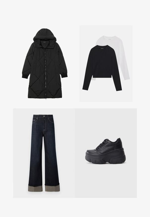 Černá prošívaná péřová bunda s kapucí, vybavená zipovým zapínáním, bočními kapsami a elastickými manžetami. Hladká, voděodolná tkanina.; Dvě dlouhé rukávy: jedno černé a jedno bílé. Obě mají kulatý výstřih, raglánové rukávy a měkkou bavlněnou směs.; Tmavě modré džíny s vysokým pasem a širokými nohavicemi s surovým lemem, zdobené světlohnědým prošíváním a sklopeným lemováním odhalujícím kontrastní látku.; Černé šněrovací tenisky s robustní podrážkou, s hladkým koženým svrškem, zaoblenou špičkou a výrazným vrstveným designem platformy.