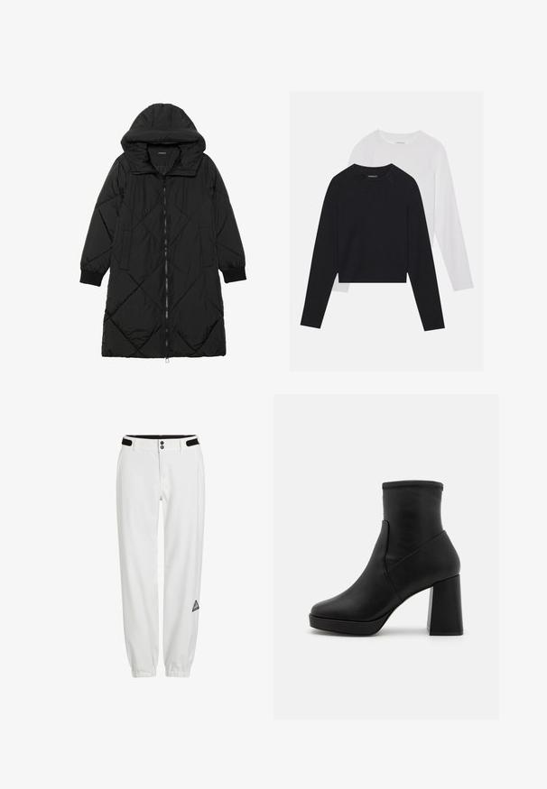 Schwarze, gesteppten Puffermantel mit Kapuze, ausgestattet mit einem Reißverschluss, seitlichen Taschen und elastischen Bündchen. Glattes, wasserabweisendes Material.; Zwei langärmelige Hemden: eines schwarz und eines weiß. Beide haben einen Rundhals, Raglanärmel und bestehen aus einem weichen Baumwollmischgewebe.; Weiße Hosen mit einem elastischen Bund, versehen mit zwei Knöpfen und schwarzen Klettverschluss-Akzenten. Enthält ein kleines, dreieckiges Logo-Patch an der Seite.; Schwarze Lederstiefelette mit hohem Blockabsatz, glatter Textur und eng anliegendem Schaft. Verfügt über ein nahtloses Design ohne sichtbare Verschlüsse.