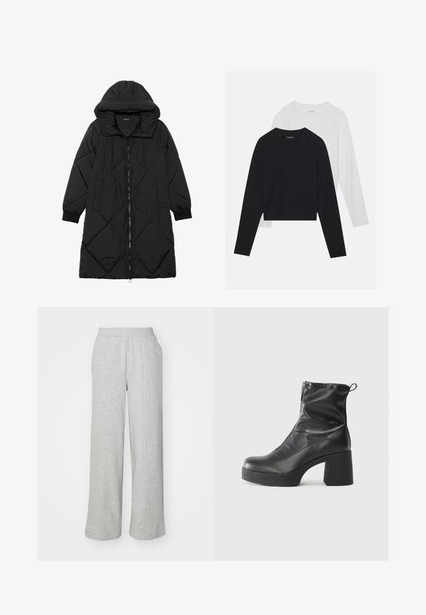 Čierna prešívaná páperová bunda s kapucňou, so zipsom, bočnými vreckami a elastickými manžetami. Hladká, vodeodolná tkanina.; Dvoje tričiek s dlhým rukávom: jedno čierne a jedno biele. Obe majú okrúhly výstrih, raglánové rukávy a mäkkú zmes bavlny.; Sivé tepláky vyrobené z mäkkej tkaniny, s voľným strihom, elastickým pásom a bočnými vreckami. Jednoduchý a neformálny vzhľad.; Čierne členkové topánky z hladkej kože, so bočným zipsom, robustnou textúrovanou pätnou časťou a zaobleným dizajnom špičky.
