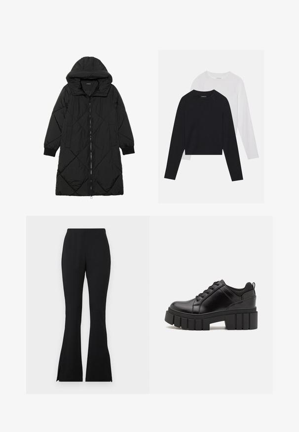 Fekete steppelt pufi kabát kapucnival, cipzáras záródással, oldalsó zsebekkel és elasztikus mandzsettákkal. Simább, vízlepergető anyag.; Két hosszúujjú póló: az egyik fekete, a másik fehér. Mindkettő kerek nyakú, raglán ujjal és puha pamutkeverék anyaggal készült.; Fekete, harangszárú nadrág sima, rugalmas anyagból. Az alján oldalsó hasítékok találhatók, ami extra részletet ad. Klasszikus dizájn és sokoldalú illeszkedés.; Fekete bőr platform cipők vaskos blokk sarkakkal, kerek orral és hagyományos fűzős kialakítással. Simára csiszolt felület és minimális részletezés jellemzi.
