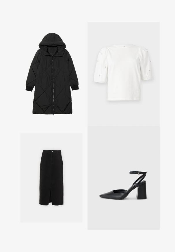 Manteau matelassé noir avec capuche, doté d'une fermeture éclair, de poches latérales et de poignets élastiques. Tissu lisse et résistant à l'eau.; T-shirt en coton blanc à manches courtes bouffantes, avec de petites embellissements en argent le long des manches. Encolure arrondie classique, coupe décontractée.; Jupe midi en denim noir, avec une fente frontale, un design classique à cinq poches et une fermeture à bouton en métal argenté à la taille.; Escarpin noir en cuir à bout pointu avec une bride de cheville et un talon épais. Texture lisse, design élégant et esthétique minimaliste.