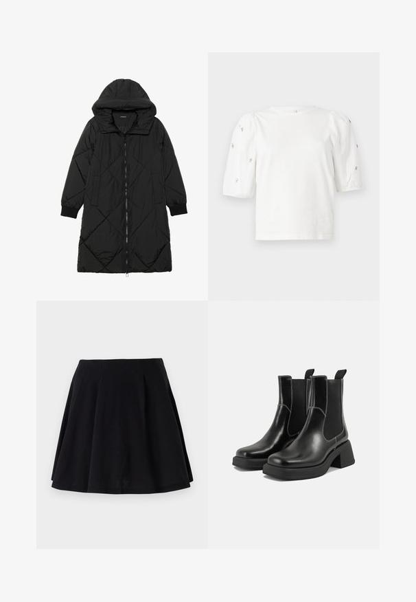Melnas quiltētas pūkara mētelis ar kapuci, ar rāvējslēdzēja aizdari, sānu kabatām un elastīgām aprocēm. Gluda, ūdensizturīga auduma.; Balta kokvilnas t-kreklu ar īsām puff piedurknēm, ar nelieliem sudraba rotājumiem gar piedurknēm. Klasisks apaļš izgriezums, brīvā piegriezuma.; Melna kokvilnas svārki ar izplūdušu siluetu, ar plecušiem jostas apvidū un gludu tekstūru. Piemēroti ikdienas valkāšanai.; Melni ādas Čelsijas zābaki ar masīvu papēdi, elastīgām sānu panelēm un kontrastējošu balto šuvumu. Teksturēts apdare.