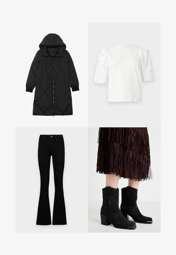 Svart quiltet puffjakke med hette, med glidelås, sidelommer og elastiske mansjetter. Glatt, vannavvisende stoff.; Hvit bomull T-skjorte med korte pufferm, med små sølvdekorasjoner langs ermene. Klassisk rund hals, avslappet passform.; Sorte høytlivsjeans med knapp og glidelås, frontlommer og utsvingte bein liggende flatt på en hvit bakgrunn.; Svarte semskede ankelstøvletter med firkantet tå, høy blokkheel og dekorative løkkedetaljer på skaftet, kombinert med et frynset brunt skjørt.