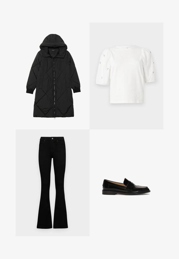 Musta tikattu puhvittakki hupulla, jossa on vetoketjukiinnitys, sivutaskut ja elastiset hihansuut. Sujuva, vettä hylkivä kangas.; Valkoinen puuvillainen t-paita lyhyillä puffihihnoilla, joissa on pieniä hopeisia koristeita hihojen varrella. Klassinen pyöreä kaula-aukko, rento malli.; Mustat korkeavyötäröiset farkut nappi- ja vetskariyläosalla, etutaskuilla ja levenevillä lahkeilla, asetettuna tasaisesti valkoista taustaa vasten.; Mustat nahkaläppäparkat, joissa on sileä pinta, pyöreä kärki ja koristeellinen nauha edessä. Matalan lohkon korko.