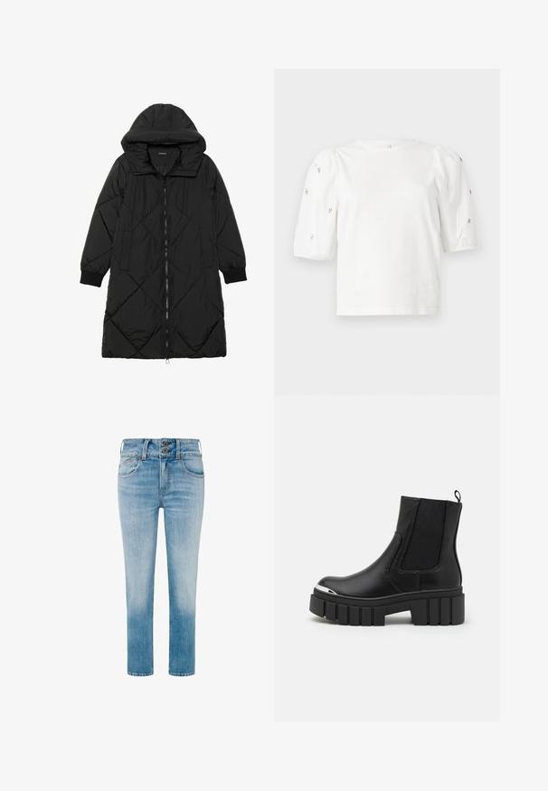 Melnas quiltētas pūkara mētelis ar kapuci, ar rāvējslēdzēja aizdari, sānu kabatām un elastīgām aprocēm. Gluda, ūdensizturīga auduma.; Balta kokvilnas t-kreklu ar īsām puff piedurknēm, ar nelieliem sudraba rotājumiem gar piedurknēm. Klasisks apaļš izgriezums, brīvā piegriezuma.; Gaiši zili džinsu bikses ar sašaurinātu kāju, divi pogas jostasvietā un klasiskā piecu kabatu dizaina. Izbalējušas apdare tuvāk apakšai.; Melnas potītes botas, izgatavotas no gludas ādas, ar elastīgām paneļām, biezu platformas zoli un metalizētu purngali.