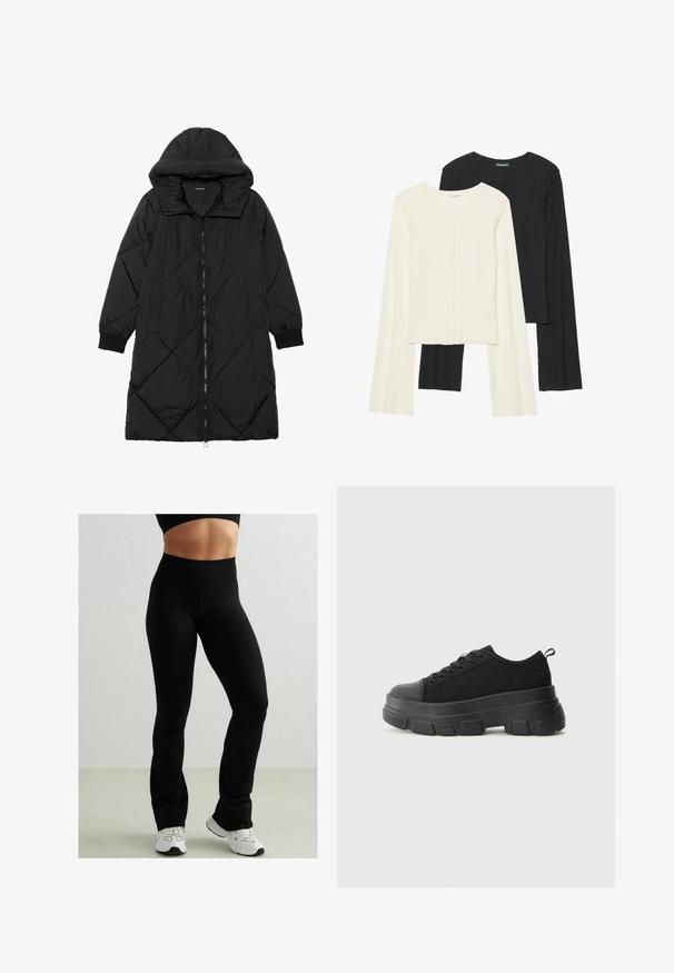 Čierna prešívaná páperová bunda s kapucňou, so zipsom, bočnými vreckami a elastickými manžetami. Hladká, vodeodolná tkanina.; Súprava dvoch dlhých rukávov v bielej a čiernej farbe. Žebrovaná textúra, okrúhly výstrih, priliehavý strih s mierne rozšírenými rukávmi.; Čierne legíny s vysokým pásom, vyrobené z elastického materiálu. Majú hladkú textúru a dizajn s rozšírenými členkami. Skombinované s bielymi teniskami.; Čierne tenisky s masívnou gumovou podrážkou, textúrovaným textilným zvrškom, okrúhlou špičkou a šnurovaním. Obsahujú spevnené očká a zadný úchop.