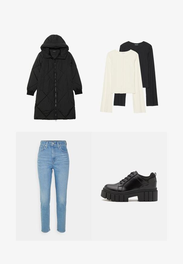 Casaco puffer acolchoado preto com capuz, apresentando um fecho de correr, bolsos laterais e punhos elásticos. Tecido suave e à prova d'água.; Conjunto de duas blusas de manga longa em branco e preto. Textura canelada, decote redondo, design ajustado com mangas ligeiramente evasê.; Levi's® HIGH WAISTED MOM JEAN - Mom Jeans - summer house; Sapatos de plataforma em couro preto com um salto bloco robusto, bico redondo e design clássico de atacadores. Apresentam uma textura suave e detalhes mínimos.