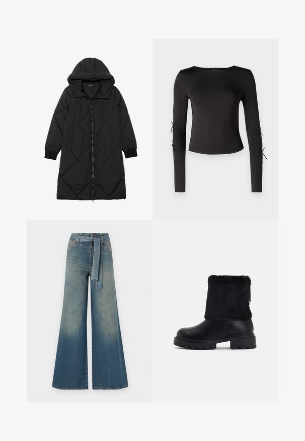 Must-havesinise mustris quiltitudis puffer jakk, millel on kapuuts, tõmblukk, küljetaskud ja elastsed varrukad. Sile, veekindel kangas.; Must have pikkade varrukatega must topp ümmarguse kaelusega. Varukatel on reguleeritavad sidemed, valmistatud sujuvast ja venivast kangast.; Laiad denimpüksid, millel on hele tume sinine gradiendiefekt, kõrge vöökoht, vöökumlid ja sobivast kangast vöö. Struktureeritud denimi viimistlus.; Mustad mustad, millel on sileda nahapõhja ja tekstureeritud kunstkarvavarrukas. Tugevdatud, soonikkoes kummitald haardeks.