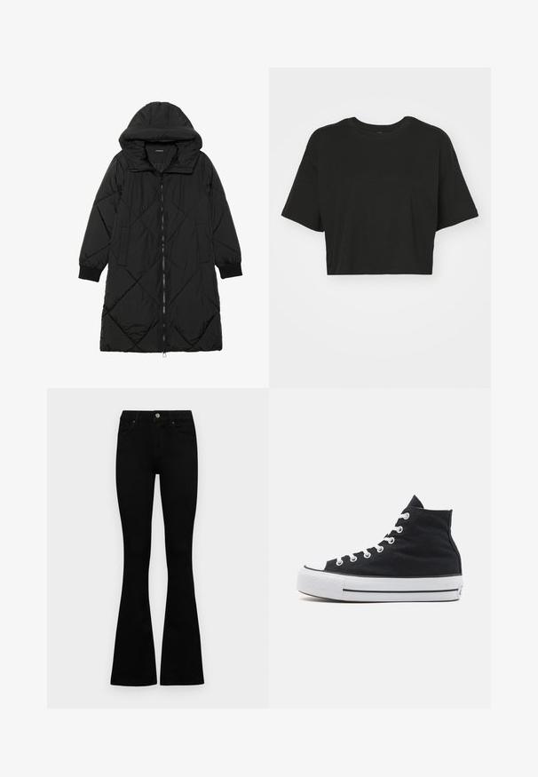 Abrigo acolchado negro con capucha, que cuenta con cierre de cremallera, bolsillos laterales y puños elásticos. Fabricado con un tejido liso y resistente al agua.; Camiseta ajustada negra de algodón suave. Presenta un escote redondo, mangas cortas y un corte relajado, sin patrones ni acentos.; Jeans negros de cintura alta con cierre de botón y cremallera, bolsillos frontales y piernas acampanadas, dispuestos sobre un fondo blanco.; Zapatillas de lona altas en negro con puntera de goma blanca, cordones blancos y una parte superior texturizada en negro. Suela intermedia a rayas en blanco y negro.