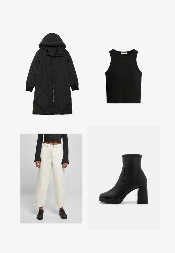 Čierna prešívaná páperová bunda s kapucňou, so zipsom, bočnými vreckami a elastickými manžetami. Hladká, vodeodolná tkanina.; Čierny rebrovaný tielko s kruhovým výstrihom a širokými ramenami. Materiál vyzerá byť mäkký s priliehavým strihom.; Široké nohavice z off-white denimu s vysokým pásom, pevným materiálom a predným zapínaním na gombík; skombinované s čiernym krátkym topom s dlhým rukávom.; Čierna kožená členková čižma s vysokým blokovým podpätkom, hladkou textúrou a priliehajúcou vrchnou časťou. Má bezšvový dizajn bez viditeľných zapínaní.