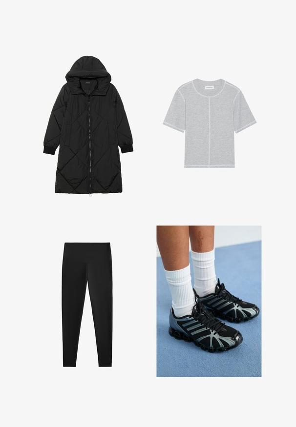 Črna prešita puffer jakna s kapuco, ki ima zadrgo, stranske žepe in elastične manšete. Gladek, vodoodporen material.; Siv bombažna majica s kratkimi rokavi, okroglo ovratnico in kontrastnim belim šivom ob šivih in robovih. Enostaven, neokrašen dizajn.; Črne legice z visokim pasom, izdelane iz raztegljivega materiala. Gladka tekstura in prilegajoča zasnova za udobno nošenje. Brez vidnih vzorcev ali dodatkov.; Črne atletske čevlje z sivimi poudarki in mrežastimi paneli, ki imajo texturirano podplat in črne vezalke, v kombinaciji z belimi rebrastimi nogavicami.