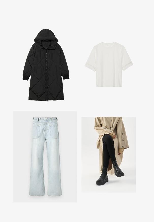 Črna prešita puffer jakna s kapuco, ki ima zadrgo, stranske žepe in elastične manšete. Gladek, vodoodporen material.; Bela kratka majica s kratkimi rokavi iz bombaža, okrašena z dekorativnim čipkastim robom ob rokavih in okroglo izrezom.; Svetlo modre široke jeanske hlače z visokim pasom, dvema zadnjima žepoma in rahlim zbledenjem, z rumenimi šivi.; Črne usnjene gležnjarje z vezalkami, povišano platformo in teksturiranimi črnimi legicami, nosijo z svetlo bež trench plaščem.