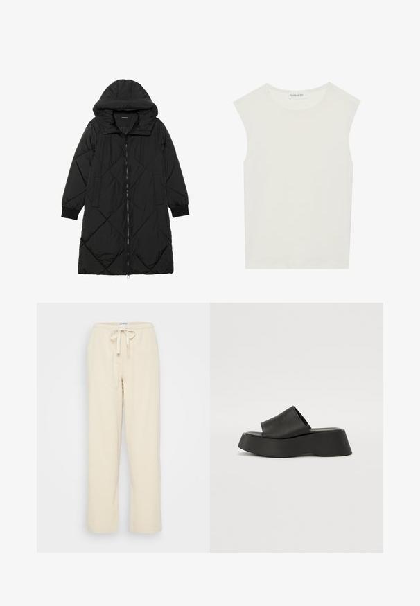 Svart quiltet puffjakke med hette, med glidelås, sidelommer og elastiske mansjetter. Glatt, vannavvisende stoff.; Hvit ermeløs topp med rund hals. Laget av glatt stoff, har den en avslappet passform og minimalistisk design. Ingen mønstre eller detaljer.; Even&Odd Petite Bukse - beige; Sorte plattform sandaler i svart med bred rem og kraftig såle. Laget av glatt materiale med en matt finish og uten synlig maskinvare.