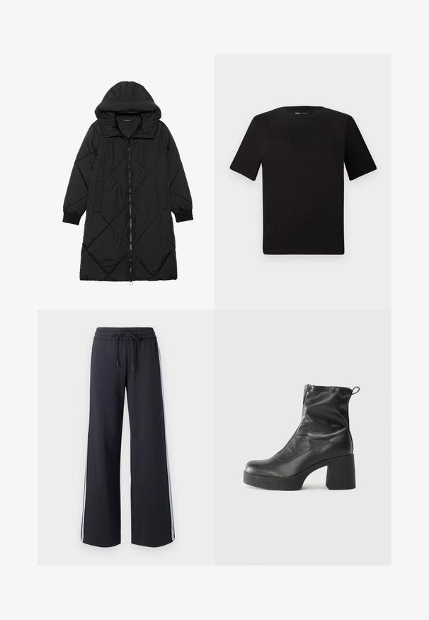 Abrigo acolchado negro con capucha, que cuenta con cierre de cremallera, bolsillos laterales y puños elásticos. Fabricado con un tejido liso y resistente al agua.; Camiseta negra de manga corta con cuello redondo, fabricada en suave algodón. Diseño simple, sin logos ni patrones visibles.; Pantalones de pierna ancha negros con cinturilla elástica y cordón. Presentan rayas laterales azules y una textura suave y lisita.; Botines negros de tobillo, hechos de cuero suave, con cierre lateral, tacón grueso texturizado y diseño de punta redondeada.