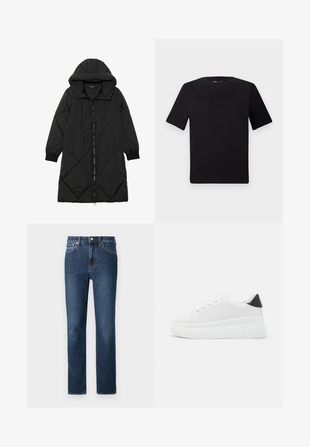 Fekete steppelt pufi kabát kapucnival, cipzáras záródással, oldalsó zsebekkel és elasztikus mandzsettákkal. Simább, vízlepergető anyag.; Fekete, rövid ujjú póló, kerek nyakkal, puha pamutból készült. Egyszerű dizájn, nincs látható logó vagy minta.; Sötétkék farmernadrág, egyenes szárú dizájnnal, gombos és cipzáras zárással, narancssárga varrási részletekkel.; Fehér platform sportcipők sima szintetikus anyagból, lekerekített orral, fűzős kialakítással és texturált gumitalppal. Fekete sarokdísz.