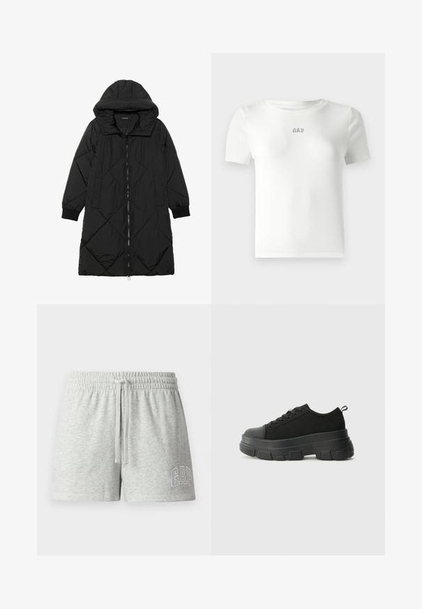 Casaco puffer acolchoado preto com capuz, apresentando um fecho de correr, bolsos laterais e punhos elásticos. Tecido suave e à prova d'água.; T-shirt branca de manga curta com textura canelada, decote redondo e pequeno logótipo "GAP" bordado ao centro. Tecido suave.; Calções cinzentos de algodão com uma cintura elástica, cordão ajustável e logótipo bordado "GAP" em branco na perna esquerda.; Sneakers pretos com sola de borracha robusta, parte superior de tecido texturizado, bico redondo e design de atacadores. Apresenta ilhós reforçados e uma alça na parte posterior.