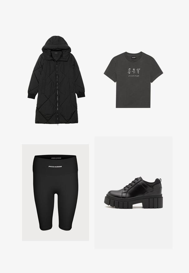 Melnas quiltētas pūkara mētelis ar kapuci, ar rāvējslēdzēja aizdari, sānu kabatām un elastīgām aprocēm. Gluda, ūdensizturīga auduma.; Aktu melna T-kreklu, kas izgatavots no mīksta kokvilnas, ar balti izšūtām ziedu motīviem un tekstu "attīsti pozitīvas domas" zem dizaina.; Melnas sporta bikses, kas izgatavotas no elastīga auduma, ar augstu jostu un baltu logotipu "PEGADOR" priekšā.; Melnas ādas platformas kurpes ar masīvu bloku papēdi, apaļu purngalu un tradicionālu saistīšanas dizainu. Izceļas ar gludu tekstūru un minimālu apdari.