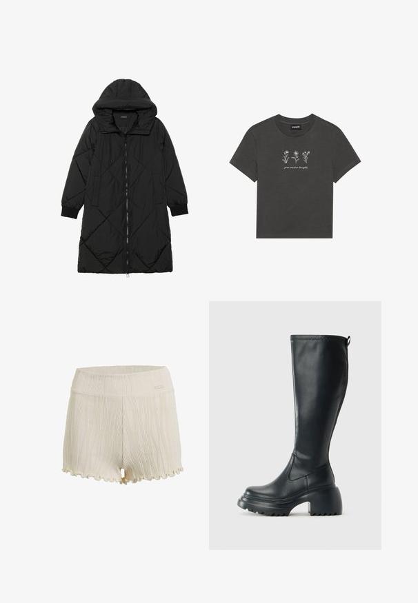 Black quilted puffer coat with a hood, featuring a zip closure, side pockets, and elastic cuffs. Smooth, water-resistant fabric.; Charcoal gray T-shirt made of soft cotton, featuring white embroidered flowers and the text "grow positive thoughts" below the design.; Cotton shorts in off-white with textured vertical lines, scalloped hem, and a smooth waistband featuring a small logo accent.; Tall black leather boot with chunky platform sole and block heel, featuring pull tab and textured tread on outsole.